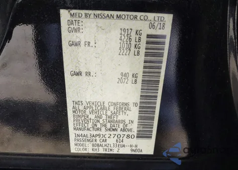 2018 Nissan Altima 2.5 Sr from USA, damaged, VIN 1N4AL3AP9JC270780